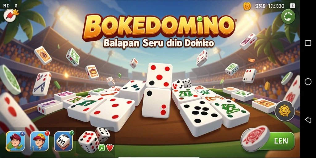 Tampilan gameplay seru dalam BOKEDOMINO dengan balapan yang mendebarkan.