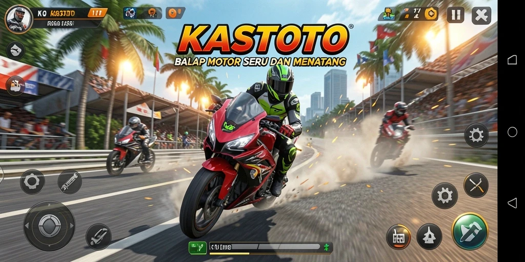 Screenshot gameplay KASTOTO yang menunjukkan aksi balapan motor yang mendebarkan.
