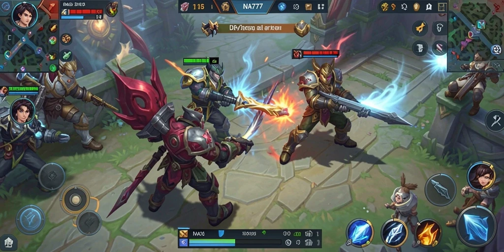 Tampilan seru gameplay NA777 dalam pertarungan MOBA yang menegangkan.